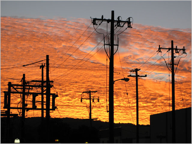 Power poles at a substation in San Carlos, California.